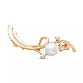 Брошь «Завитки» с жемчугом, позолота, цвет белый