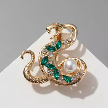 Брошь «Змея» с жемчужиной, бело-зелёная в золоте