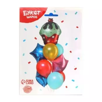 Букет из шаров "С днем рождения, торт с вишенкой", латекс, фольга, набор 10 шт.