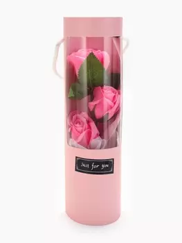 Букет из трех мыльных розовых роз в колбе.