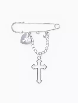 Булавка «Крест» и сердце, цвет серебро