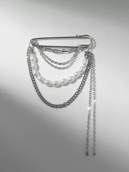 Булавка «Жемчужины» с цепочками, белая в серебре