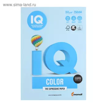 Бумага цветная А4 250 л, IQ COLOR, 160 г/м2, голубой лёд, OBL70