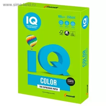 Бумага цветная А4 250 л, IQ COLOR Intensive, 160 г/м2, зелёная, MA42