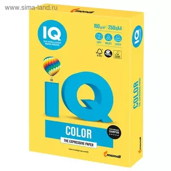 Бумага цветная А4 250 л, IQ COLOR Intensive, 160 г/м2, жёлтая, CY39