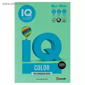 Бумага цветная А4 500 л, IQ COLOR, 80 г/м2, зеленый, MG28