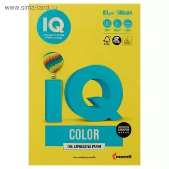 Бумага цветная А4 500 л, IQ COLOR, 80 г/м2, желтый, CY39