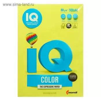 Бумага цветная А4 500 л, IQ COLOR, 80 г/м2, желтый, ZG34