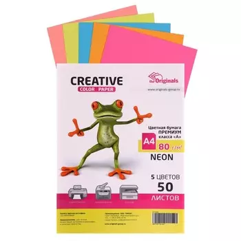 Бумага цветная А4, 50 листов CREATIVE Неон, 5 цветов, 80 г/м2