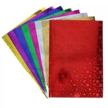 Бумага цветная голографическая А4, 8 листов, 8 цветов, рисунок из звезд, 210 х 297 мм
