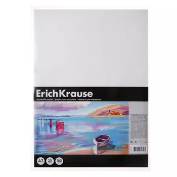 Бумага для акварели А3, 20 листов, ErichKrause Art Spirit, блок 180 г/м, 100% белизна, пластиковая папка