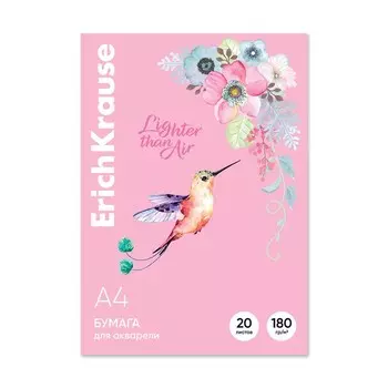 Бумага для акварели А4, 20 листов, блок 180 г/м, ErichKrause "Колибри", 100% белизна, в картонной папке