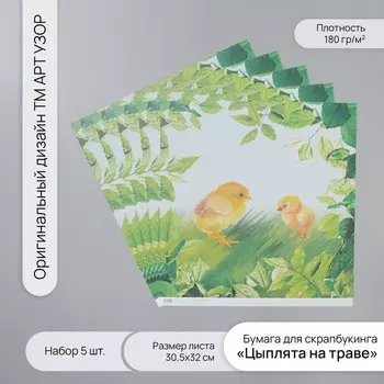 Бумага для скрапбукинга «Цыплята на траве», плотность 180 г, набор 5 шт., 30.532 см