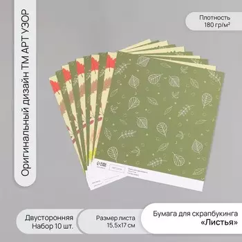 Бумага для скрапбукинга двусторонняя «Листья», плотность 180 г, набор 10 шт., 15.517 см