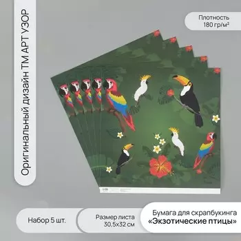 Бумага для скрапбукинга «Экзотические птицы», плотность 180 г, набор 5 шт., 30.532 см