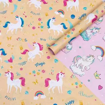 Бумага глянцевая двухстороняя "Единорожки", персиковый, 70 х 100 см