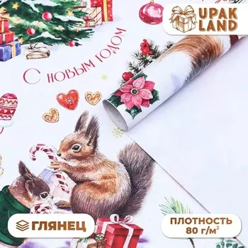 Бумага упаковочная новогодняя глянцевая «Белки», 68100 см