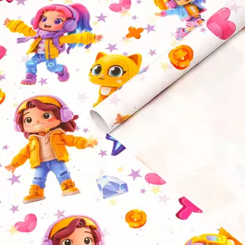 Бумага упаковочная, глянцевая «Девушка и котик» 70100 см