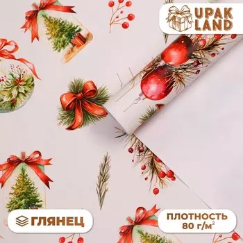 Бумага упаковочная новогодняя «Украшения», глянец, 1 лист, 80 г/м , 70100 см