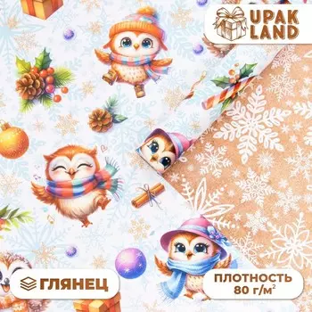 Бумага упаковочная новогодняя «Совушки», глянцевая, двусторонняя, 80 г/м , 70 х 100 см