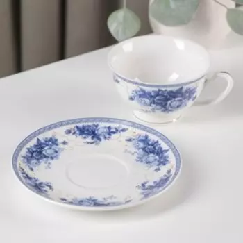 Чайная пара Доляна «Аззурро», 2 предмета: чашка 240 мл, блюдце d=15.2 см, фарфор, белая
