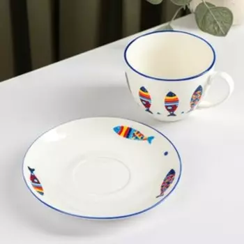 Чайная пара фарфоровая Доляна «Емеля», 2 предмета: чашка 250 мл, блюдце d=15 см, цвет белый