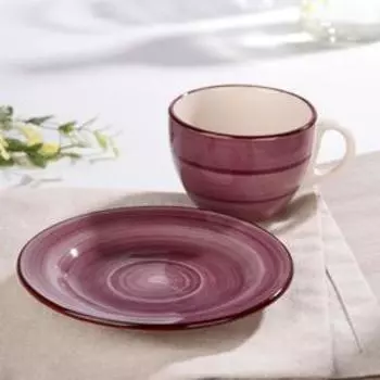 Чайная пара керамическая Доляна «Морской мир», чашка 200 мл, блюдце d=14,5 см, цвет бордовый