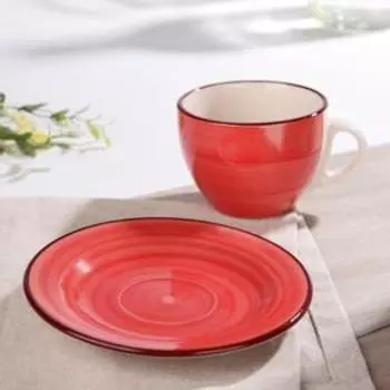 Чайная пара керамическая Доляна «Морской мир», чашка 200 мл, блюдце d=14,5 см, цвет красный