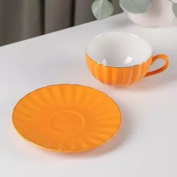 Чайная пара Доляна «Вивьен», 2 предмета: чашка 200 мл, блюдце d=15 см, фарфор, оранжевая
