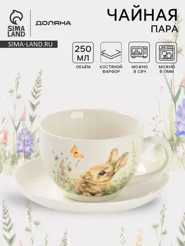 Чайная пара Доляна «Зайка», 2 предмета: чашка 250 мл, блюдце d=15 см, фарфор, белая