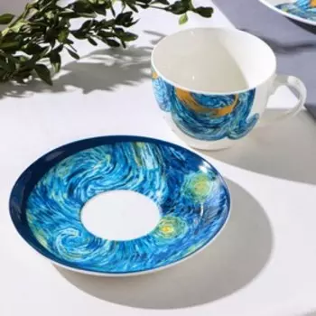 Чайная пара фарфоровая Доляна «Звёздная ночь», чашка 250 мл, блюдце d=15 см
