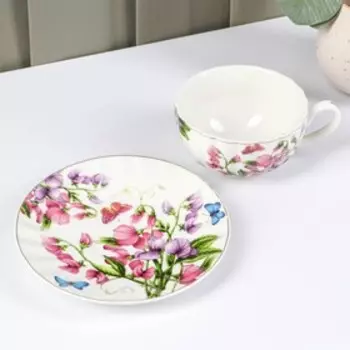 Чайная пара Доляна «Колокольчики», чашка 250 мл, блюдце d=15 см, керамика, белая