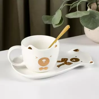 Чайная пара керамическая с ложкой «Мишка», 2 предмета: чашка 220 мл, подставка 1811,57 см, цвет белый