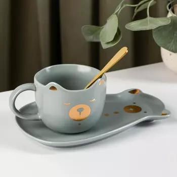 Чайная пара керамическая «Мишка», 220 мл, подставка 18×11,5×7 см, ложка, цвет синий