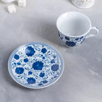 Чайная пара Доляна «Русский узор», чашка 210 мл, блюдце d=14 см, керамика, цвет синий
