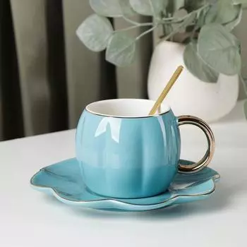 Чайная пара с ложкой «Цветок», 240 мл, чашка 11×8×7 см, блюдце d=16 см, цвет синий