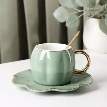 Чайная пара с ложкой «Цветок», 240 мл, чашка 11×8×7 см, блюдце d=16 см, цвет зеленый