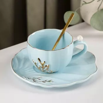 Чайная пара с ложкой «Линия», чашка 250 мл, блюдце 15,5×6,5 см, цвет голубой