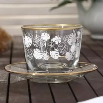 Чайная пара с золотом и прямой печатью «Листья», 200 мл