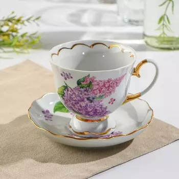 Чайная пара Добрушский завод «Сирень», 2 предмета: чашка 300 мл, блюдце d=15 см, фарфор, белая