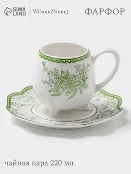 Чайная пара WY Bloomware, 2 предмета; чашка 220 мл, блюдце 15 см, фарфор, белая, зелёная