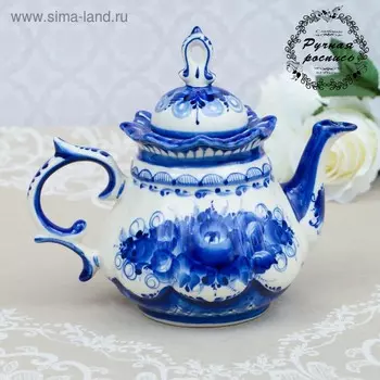 Чайник "Анемон", гжель, фарфор, 14х12 см