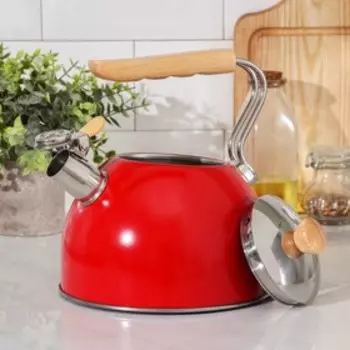 Чайник со свистком Wood, 2,5 л, ручка дерево, индукция, цвет красный