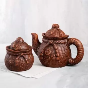 Чайный набор "Верёвка", 2 предмета, декор, красная глина, 1.5/0.8 л