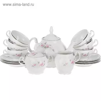 Чайный сервиз 6/9 Bernadotte, декор «Бледные розы, отводка платина», 15 предметов