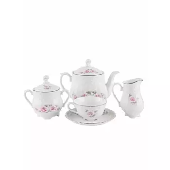 Чайный сервиз Cmielow Рококо «Бледная роза, отводка платиной», фарфор, 15 предметов