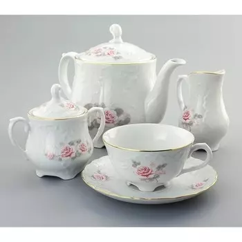 Чайный сервиз на 6 персон, Rococo, декор «Бледные розы, отводка золото»