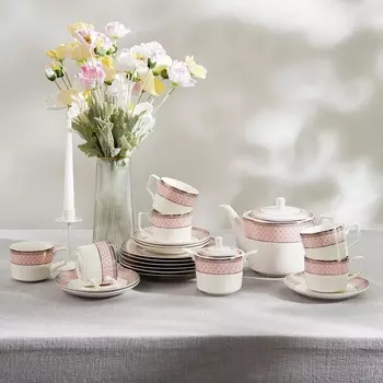 Чайный сервиз WY Paradaise, 20 предметов, чайник 1 л, сахарница 300 мл, 6 кружек 250 мл, 6 блюдец d=15.5 см, 6 тарелок d=20.5 см, фарфор