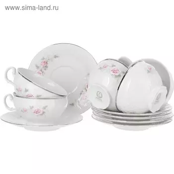 Чашка 360 мл с блюдцем 180 мм низкая Bernadotte, декор «Бледные розы, отводка платина»
