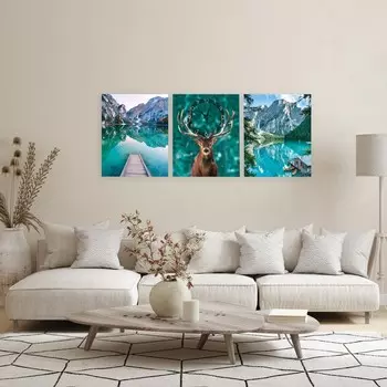 Часы-картина настенные модульные, триптих "Олень", плавный ход, 3 шт 48х39 см